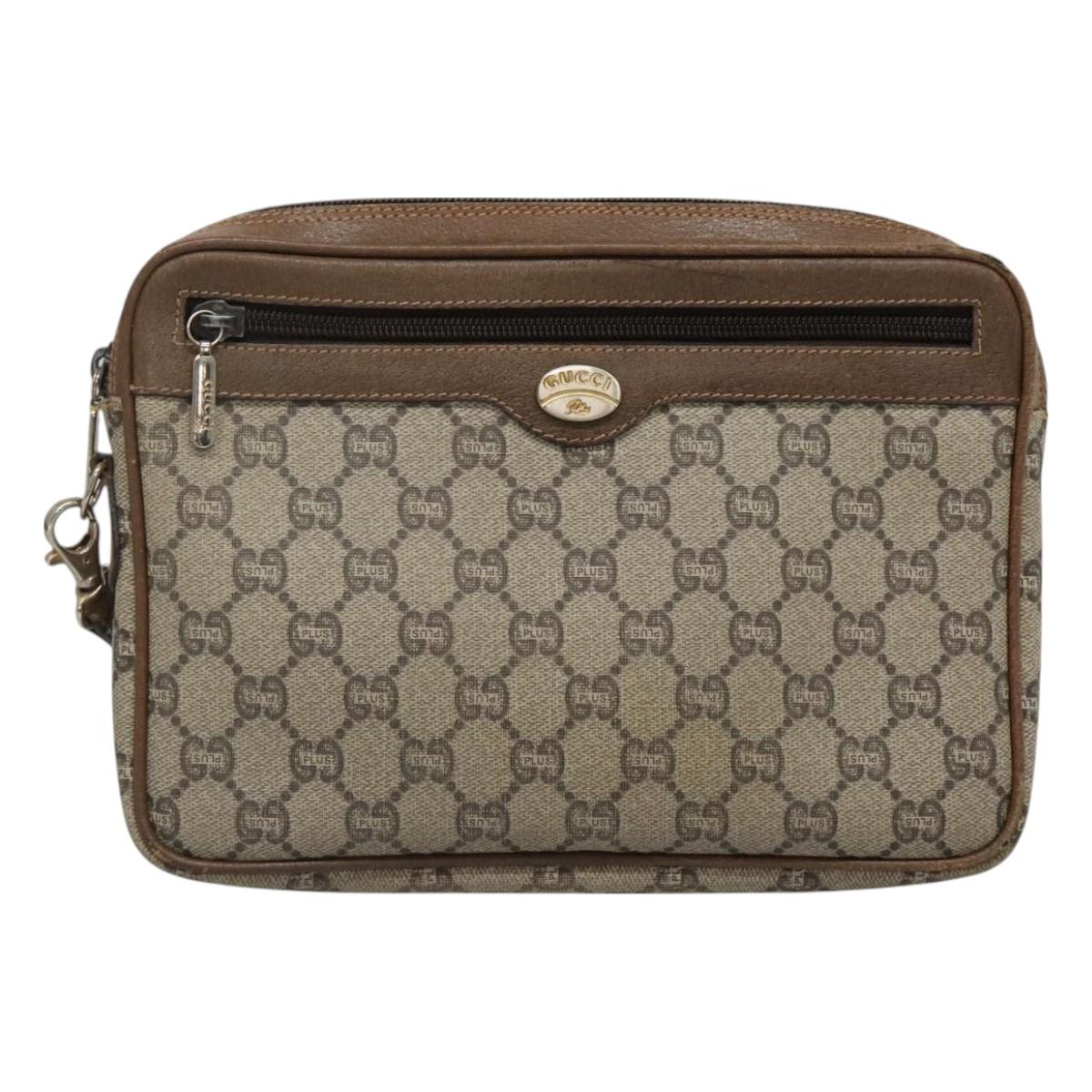 GUCCI GG Plus Supreme Clutch Bag PVC Beige Gold Auth 131128