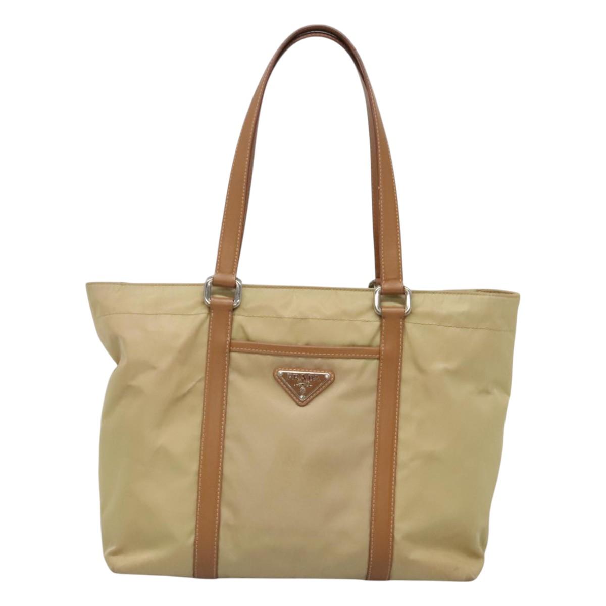 PRADA Tote Bag Nylon Beige Silver Auth 131176