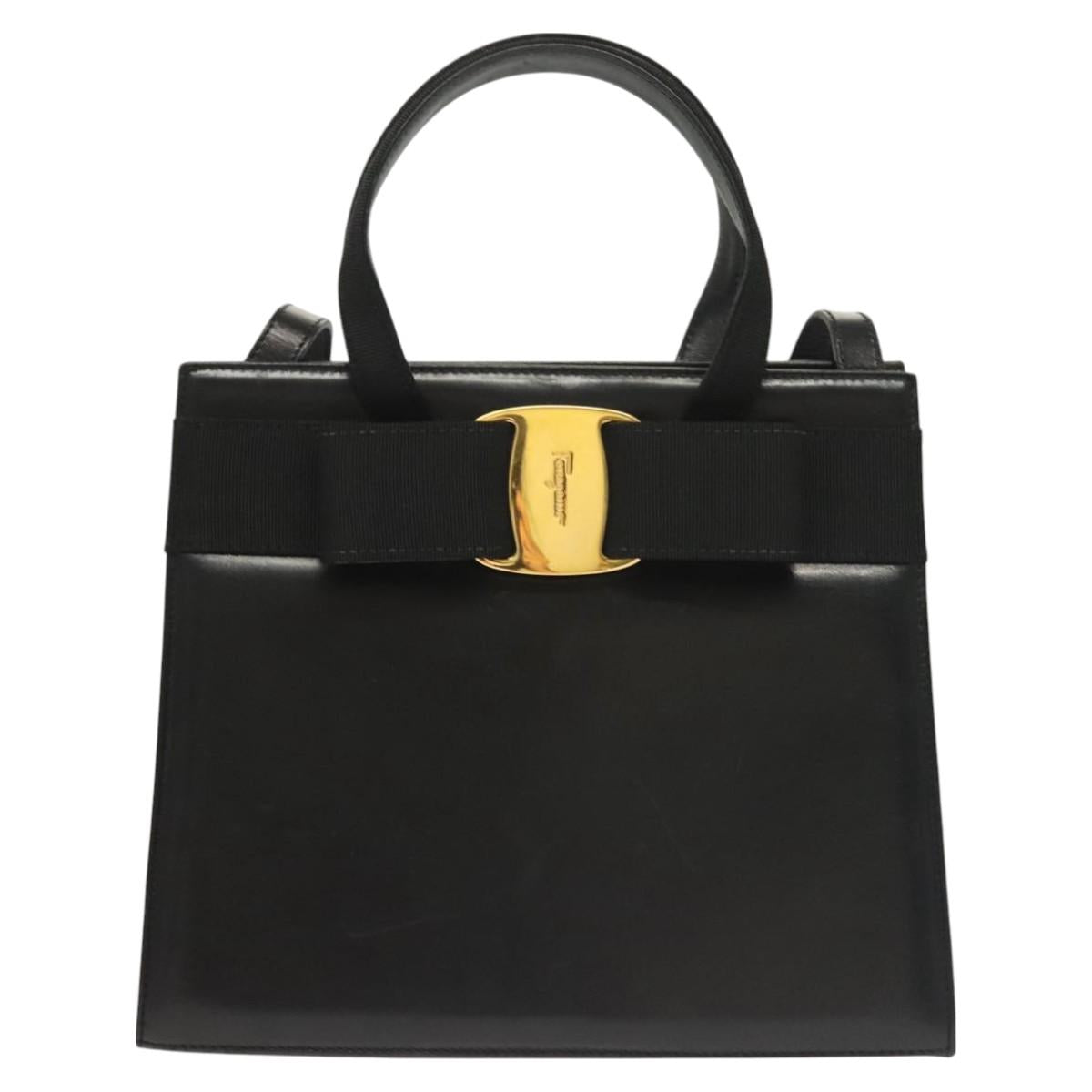 Salvatore Ferragamo Vala Hand Bag Leather 2way Black Gold Auth 131185
