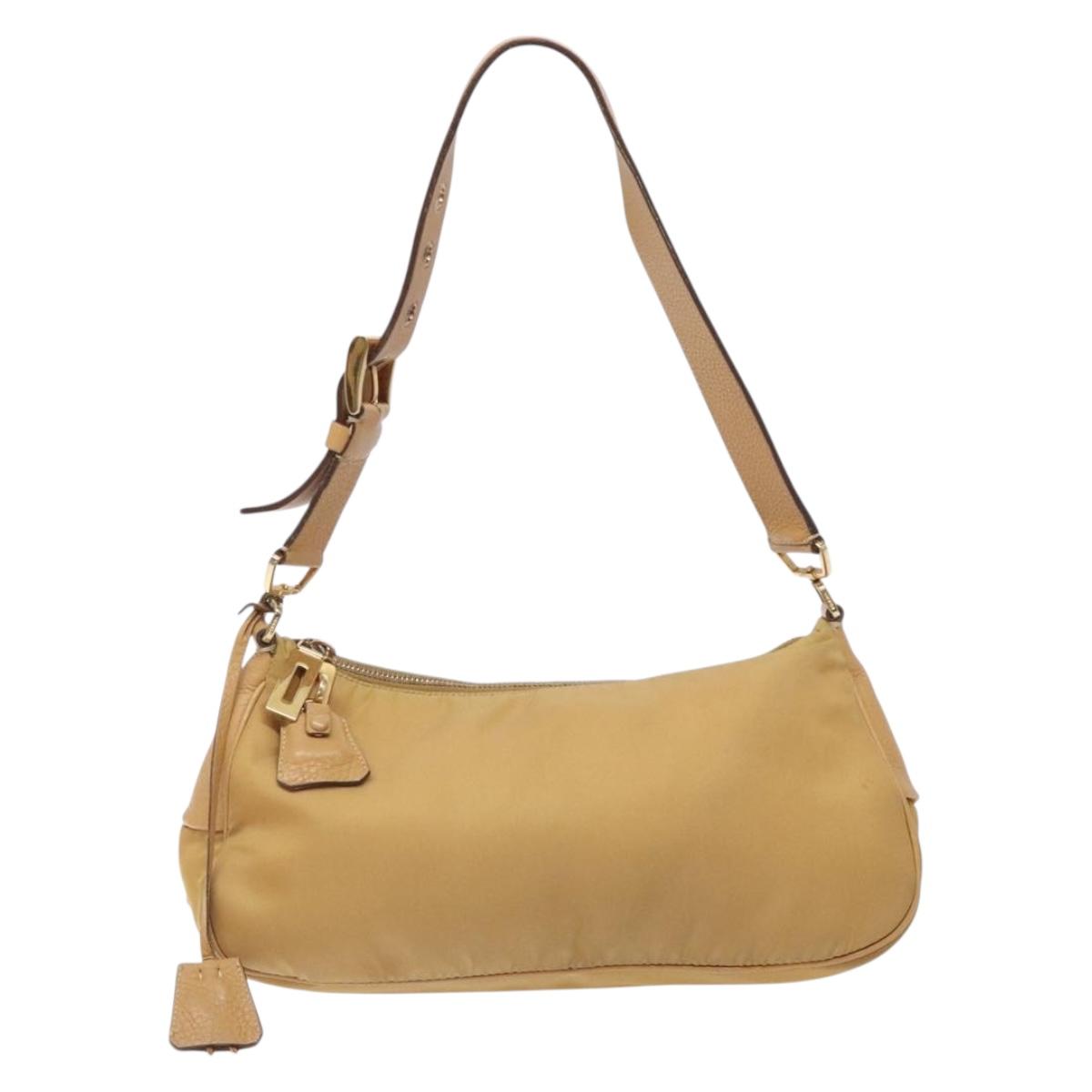 PRADA Shoulder Bag Nylon Beige Gold Auth 131423
