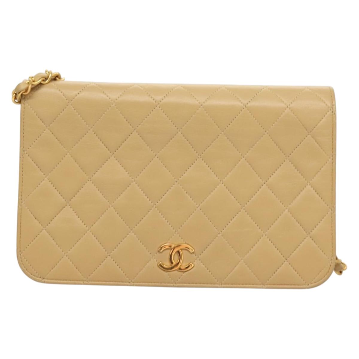 CHANEL Matelasse Chain Shoulder Bag Lamb Skin Beige Gold CC Auth 131435