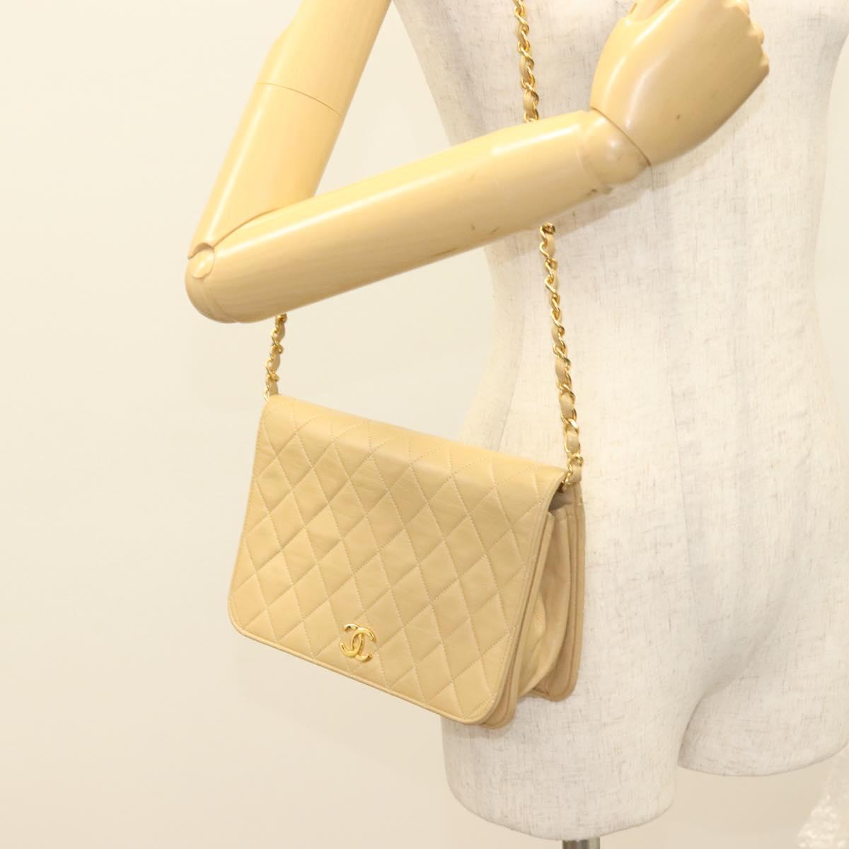CHANEL Matelasse Chain Shoulder Bag Lamb Skin Beige Gold CC Auth 131435