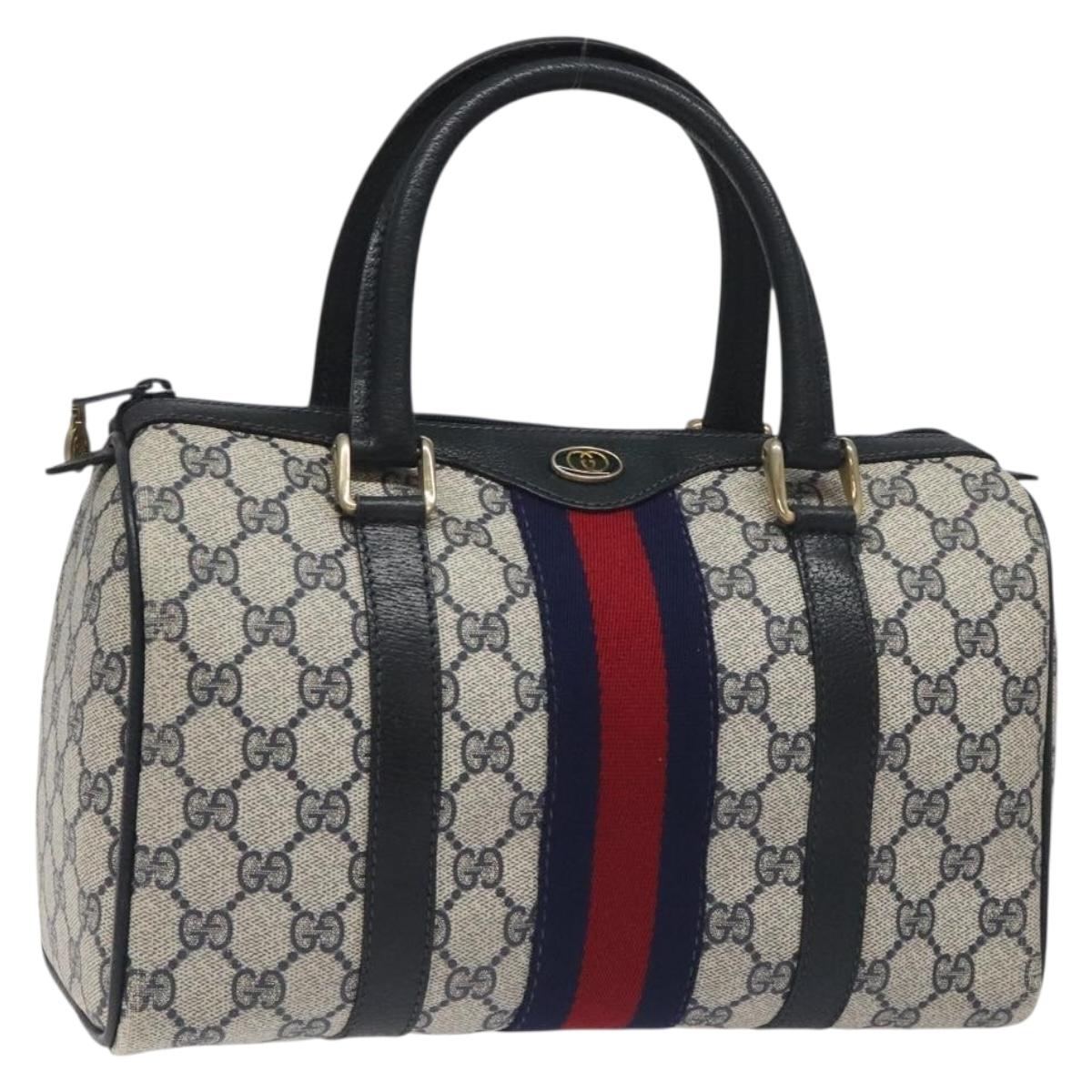 GUCCI GG Supreme Sherry Line Hand Bag PVC Navy Gold Red Auth 131480
