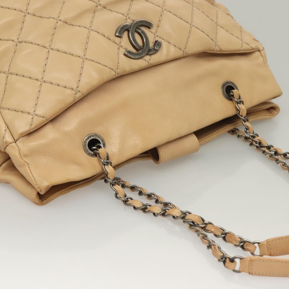 CHANEL Wild Stitch Chain Shoulder Bag Leather Beige CC Auth 131489