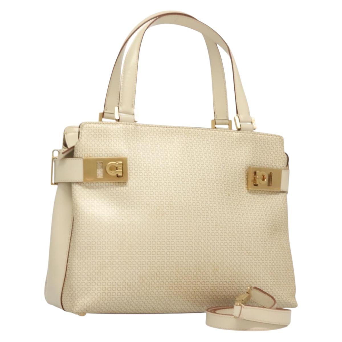 Salvatore Ferragamo Gancini Hand Bag PVC 2way Ivory Gold Auth 131492