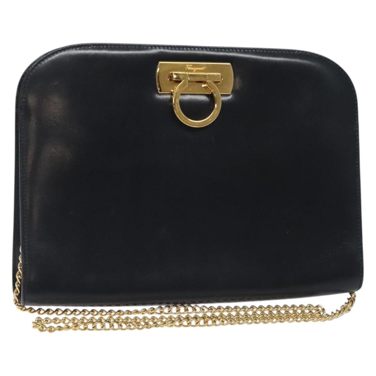 Salvatore Ferragamo Gancini Chain Shoulder Bag Leather Black Gold Auth 131607