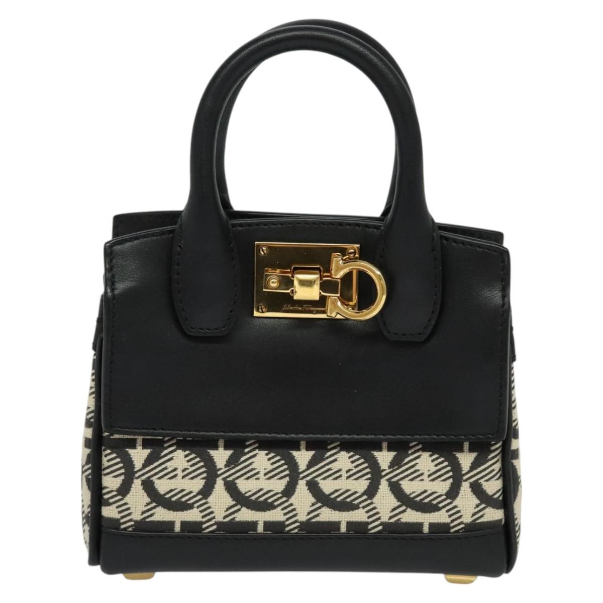 Salvatore Ferragamo Gancini Hand Bag Leather 2way Black Gold Auth 131643V