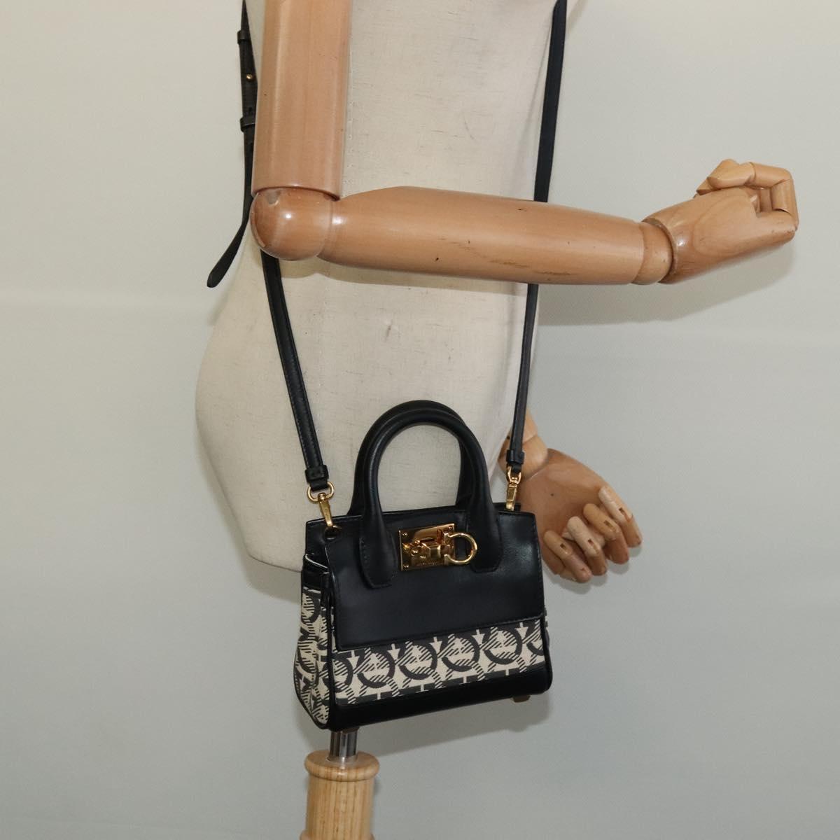 Salvatore Ferragamo Gancini Hand Bag Leather 2way Black Gold Auth 131643V