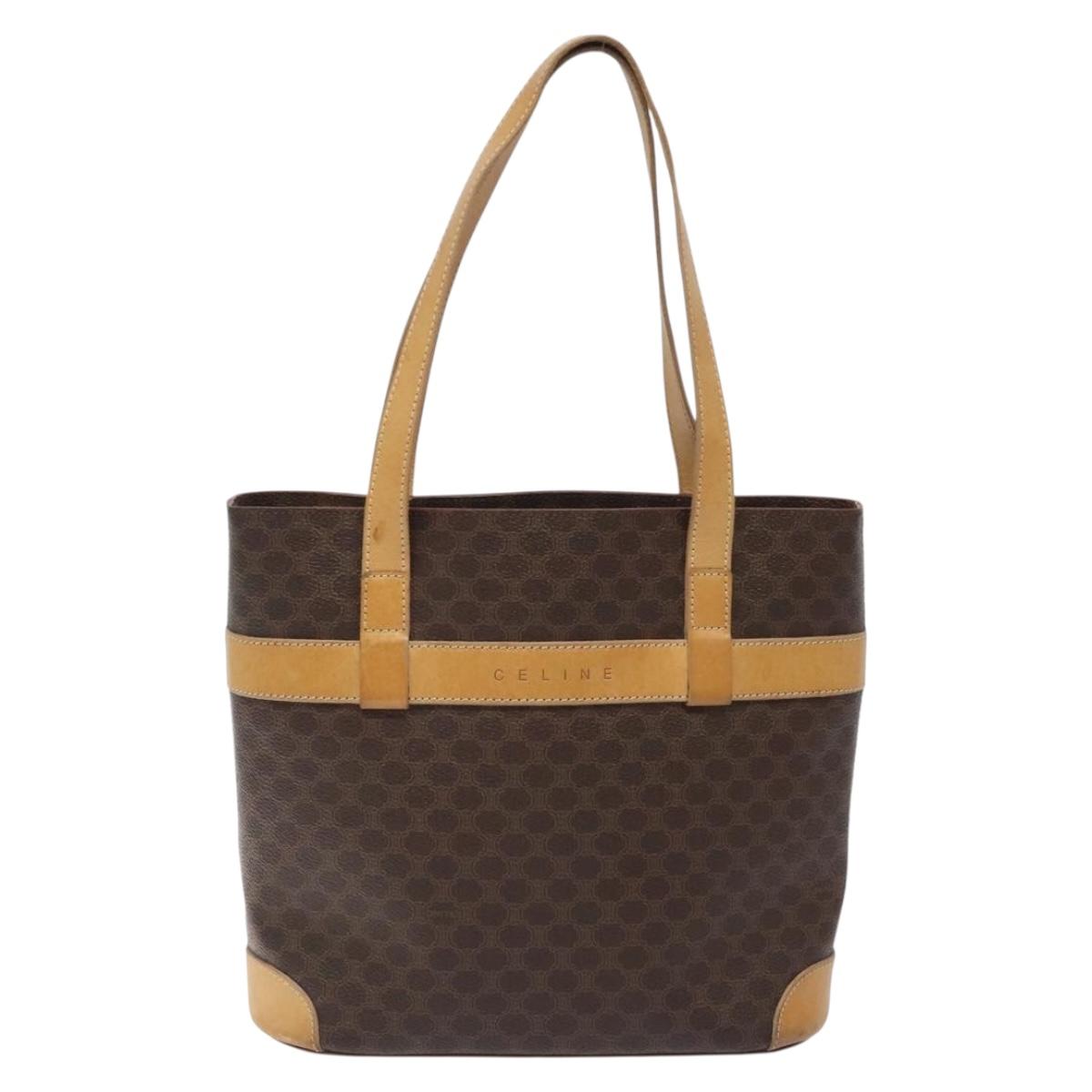 CELINE Macadam Canvas Tote Bag PVC Leather Brown Gold Auth 131657