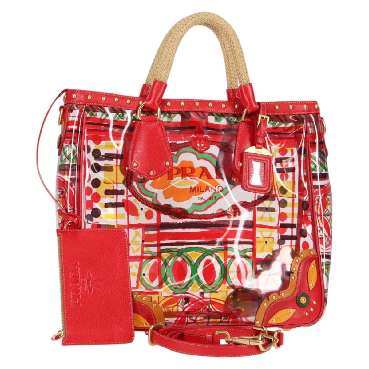 PRADA Hand Bag Vinyl 2way Red Gold Auth 131695V