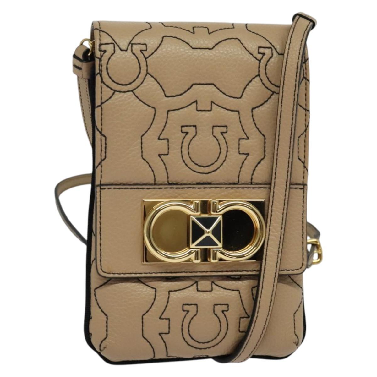 Salvatore Ferragamo Gancini Shoulder Bag Leather Beige Gold Auth 131785