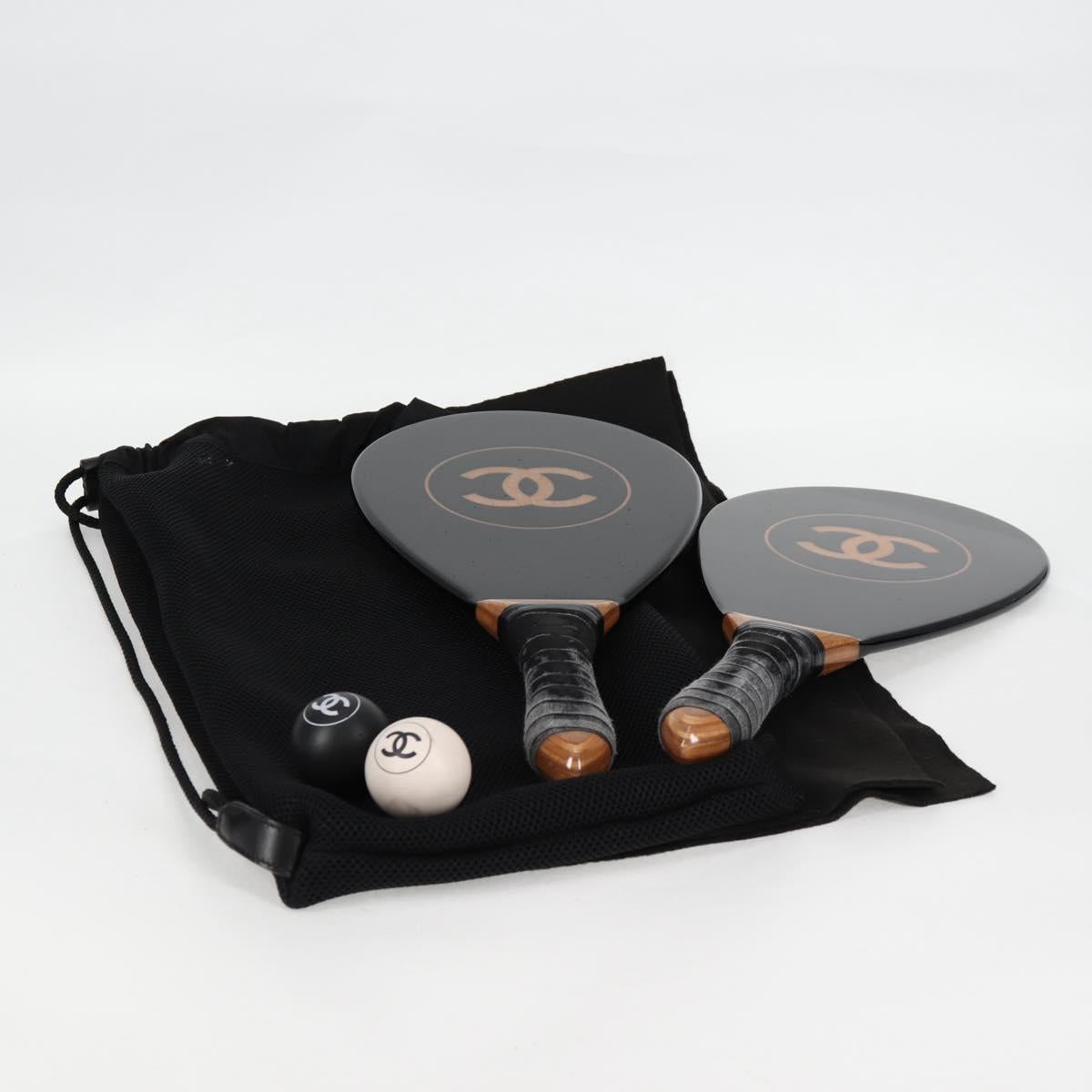 CHANEL Club Case Wood Racket and Rubber ball set Black CC Auth 131858SAV
