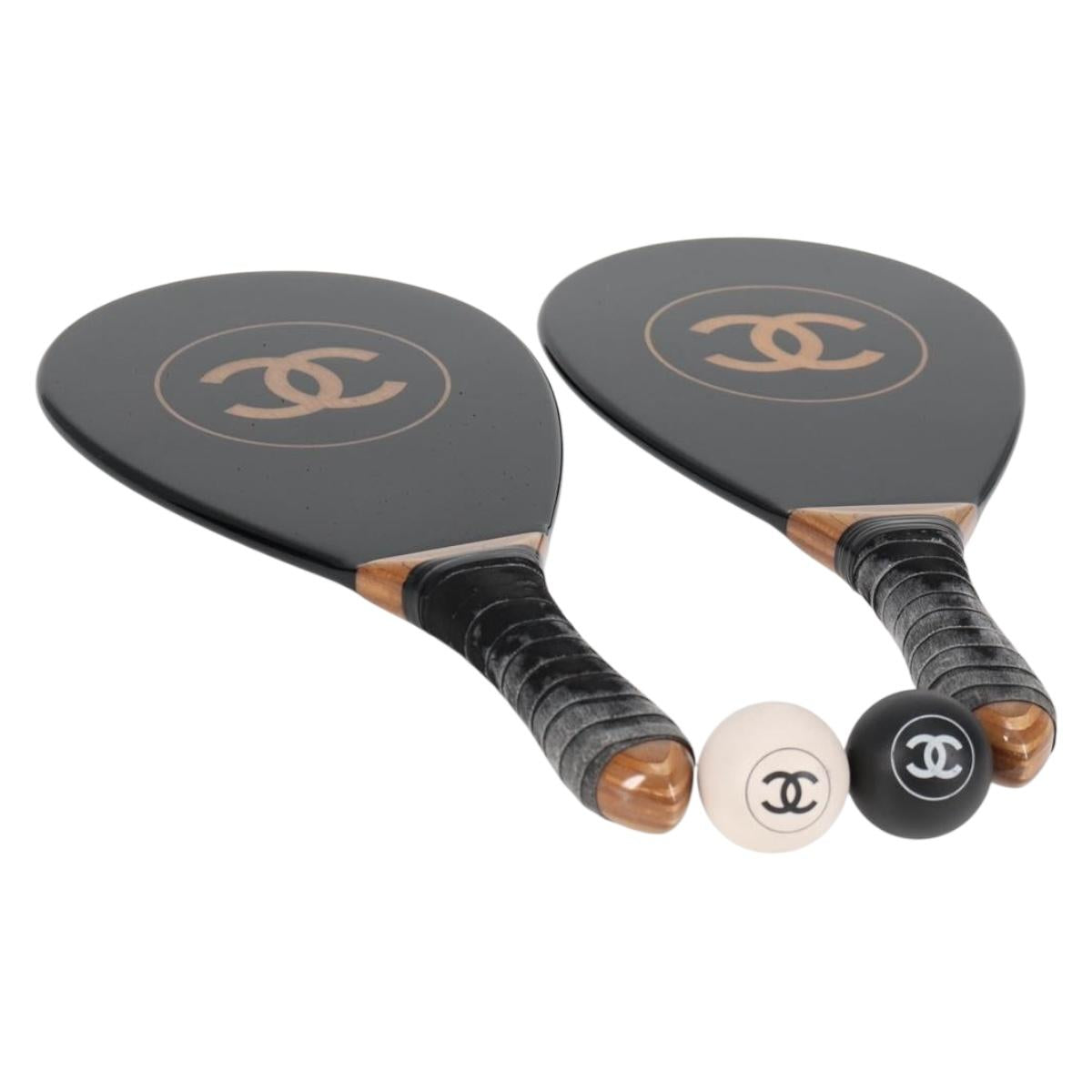 CHANEL Club Case Wood Racket and Rubber ball set Black CC Auth 131858SAV