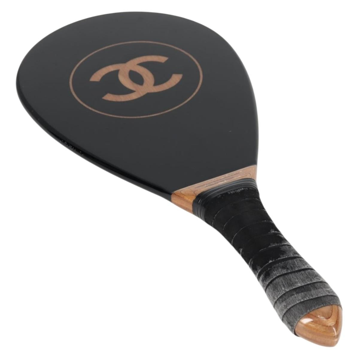 CHANEL Club Case Wood Racket and Rubber ball set Black CC Auth 131858V