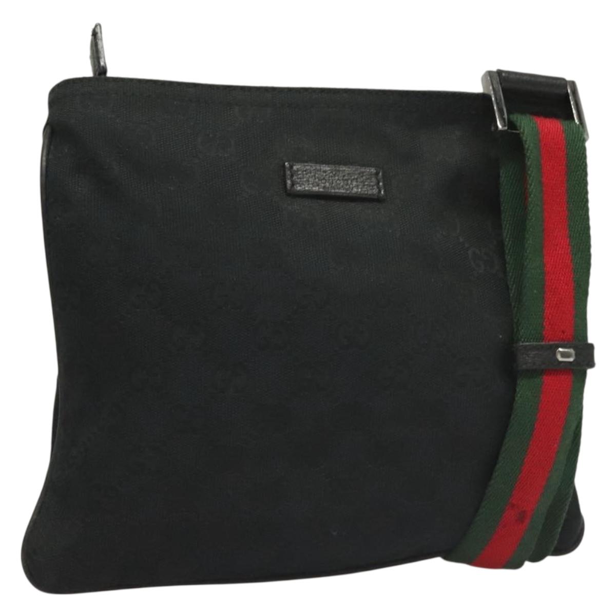 GUCCI GG Canvas Web Sherry Line Shoulder Bag Black Silver 146309 Auth 131956