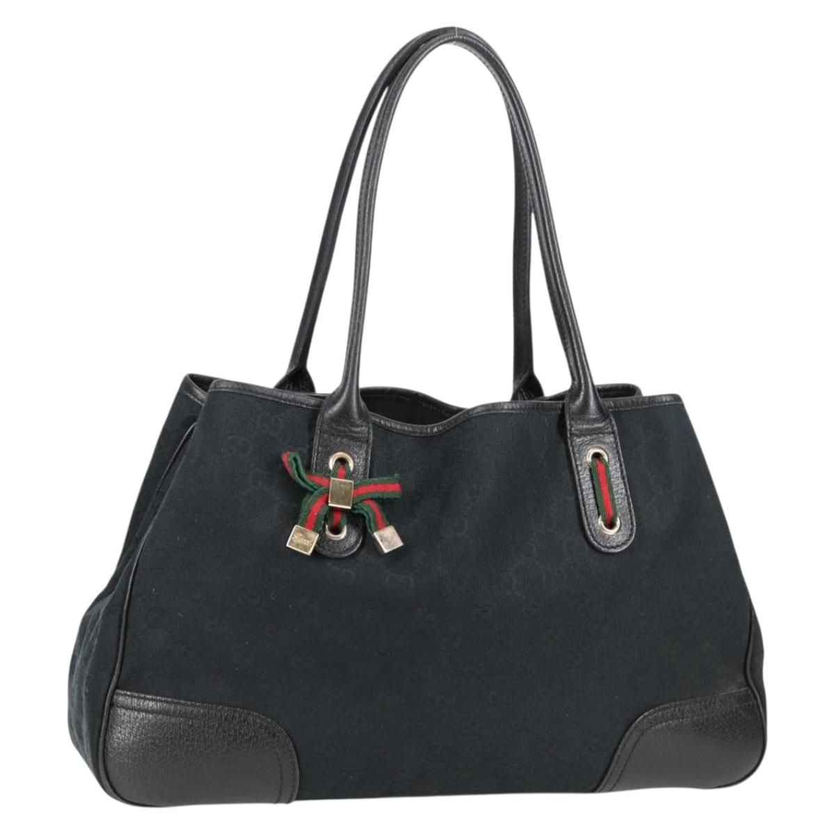 GUCCI GG Canvas Web Sherry Line Pretty Tote Bag Black Gold 163805 Auth 131957V