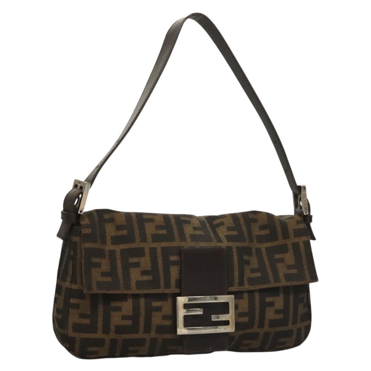 FENDI Zucca Canvas Mamma Baguette Shoulder Bag Black Brown Silver Auth 131968