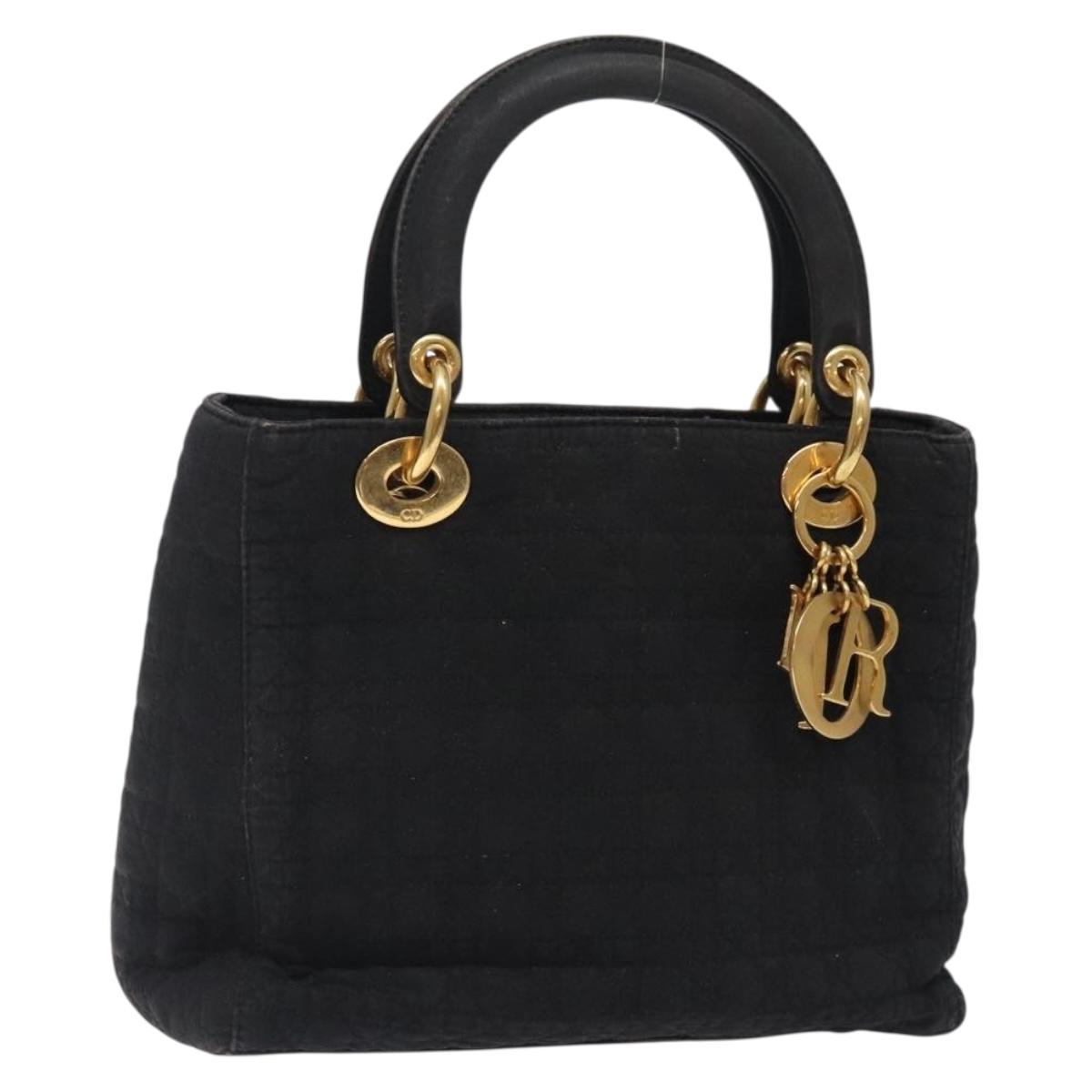 Christian Dior Canage Hand Bag Nylon Black Gold Auth 132045