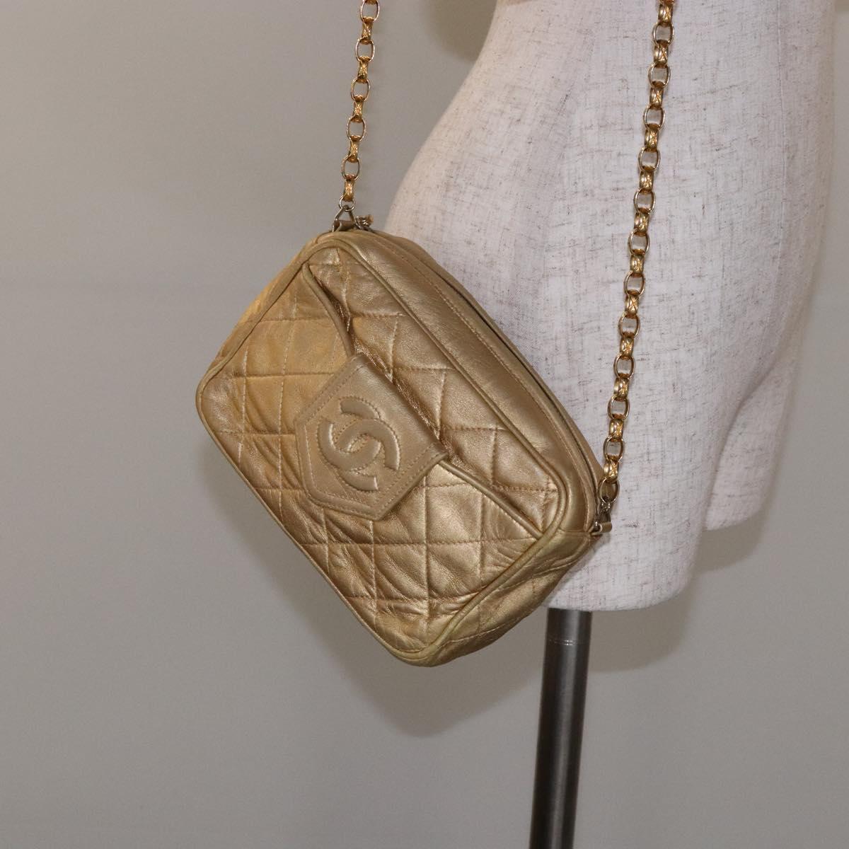 CHANEL Matelasse COCO Mark Chain Shoulder Bag Lamb Skin Gold CC Auth 132059A