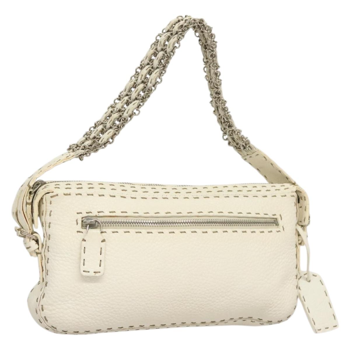 FENDI Celeria Chain Shoulder Bag Leather White Silver Auth 132084