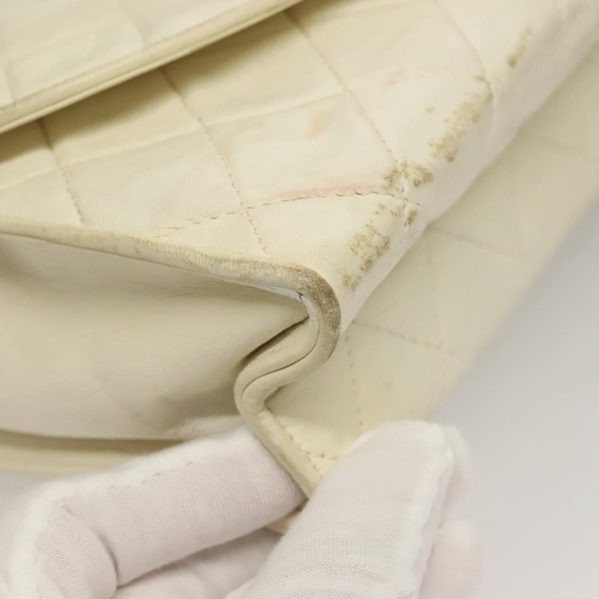 CHANEL Matelasse Chain Shoulder Bag Lamb Skin White Gold CC Auth 132172