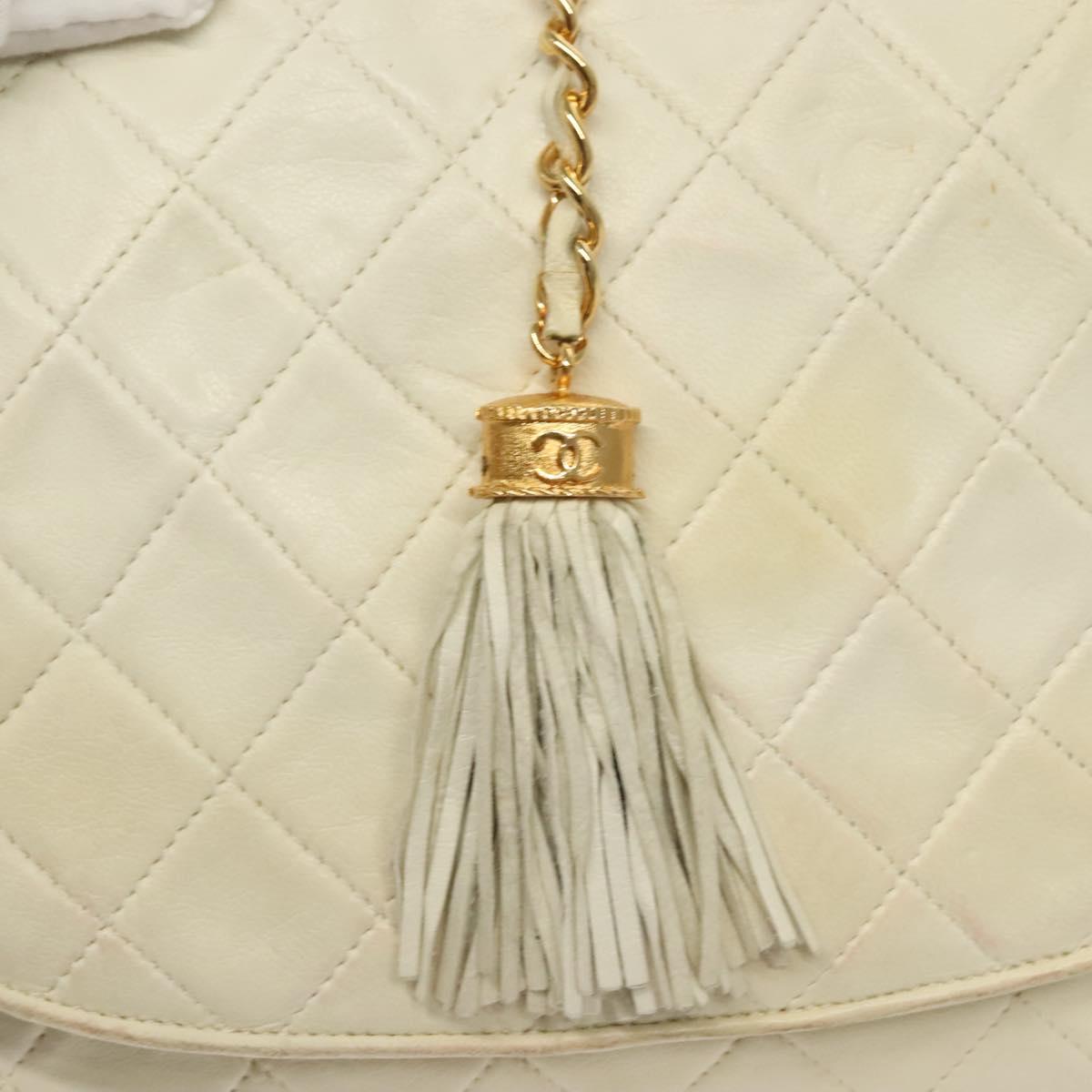 CHANEL Matelasse Chain Shoulder Bag Lamb Skin White Gold CC Auth 132172