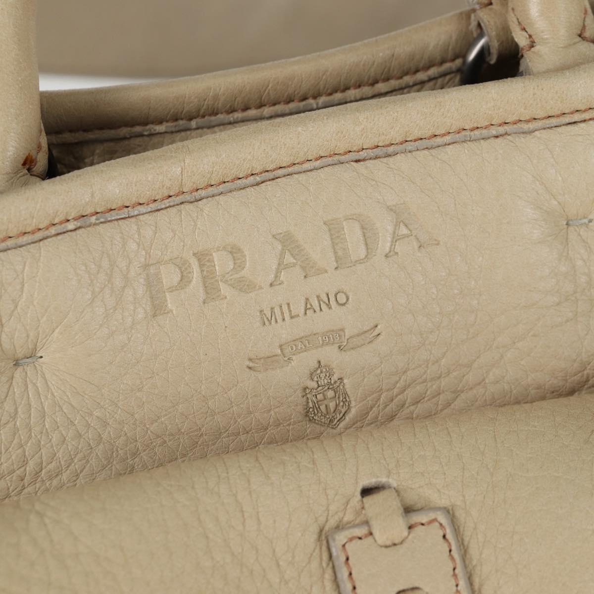 PRADA Hand Bag Leather 2way Beige Silver Auth 132222