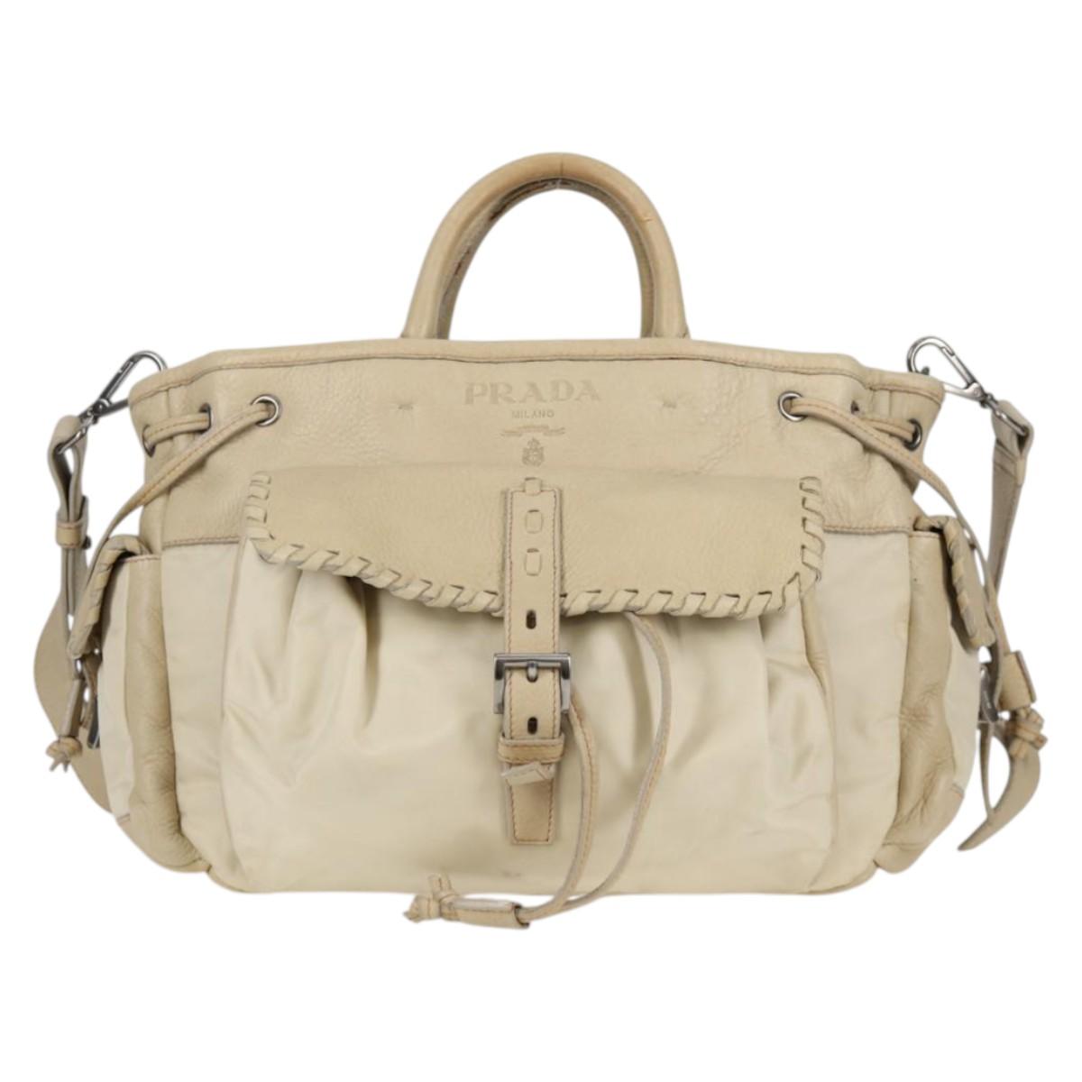 PRADA Hand Bag Leather 2way Beige Silver Auth 132222