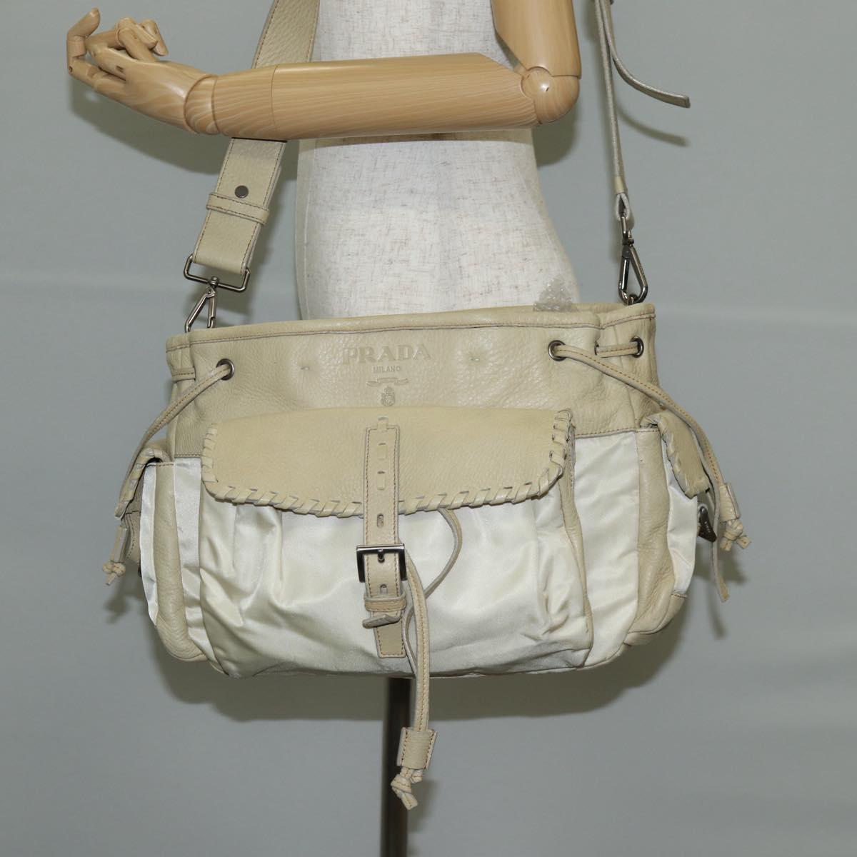 PRADA Hand Bag Leather 2way Beige Silver Auth 132222