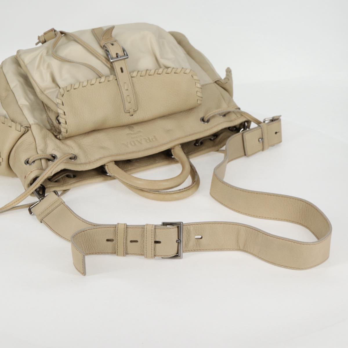 PRADA Hand Bag Leather 2way Beige Silver Auth 132222