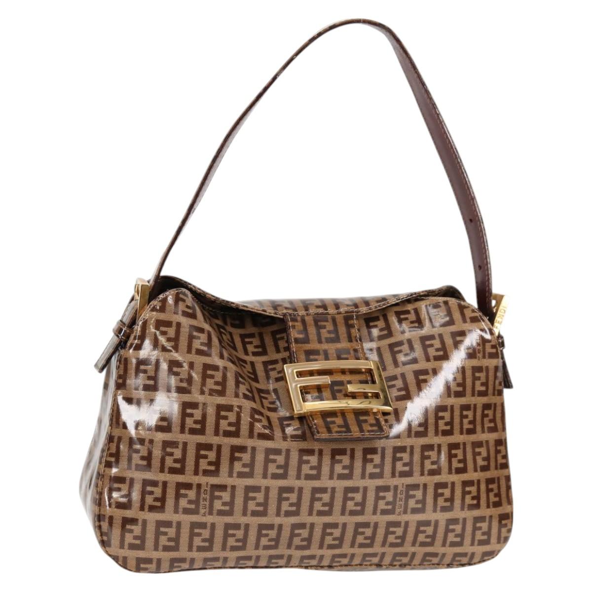 FENDI Zucchino Canvas Mamma Baguette Shoulder Bag Gold Brown Auth 132227V