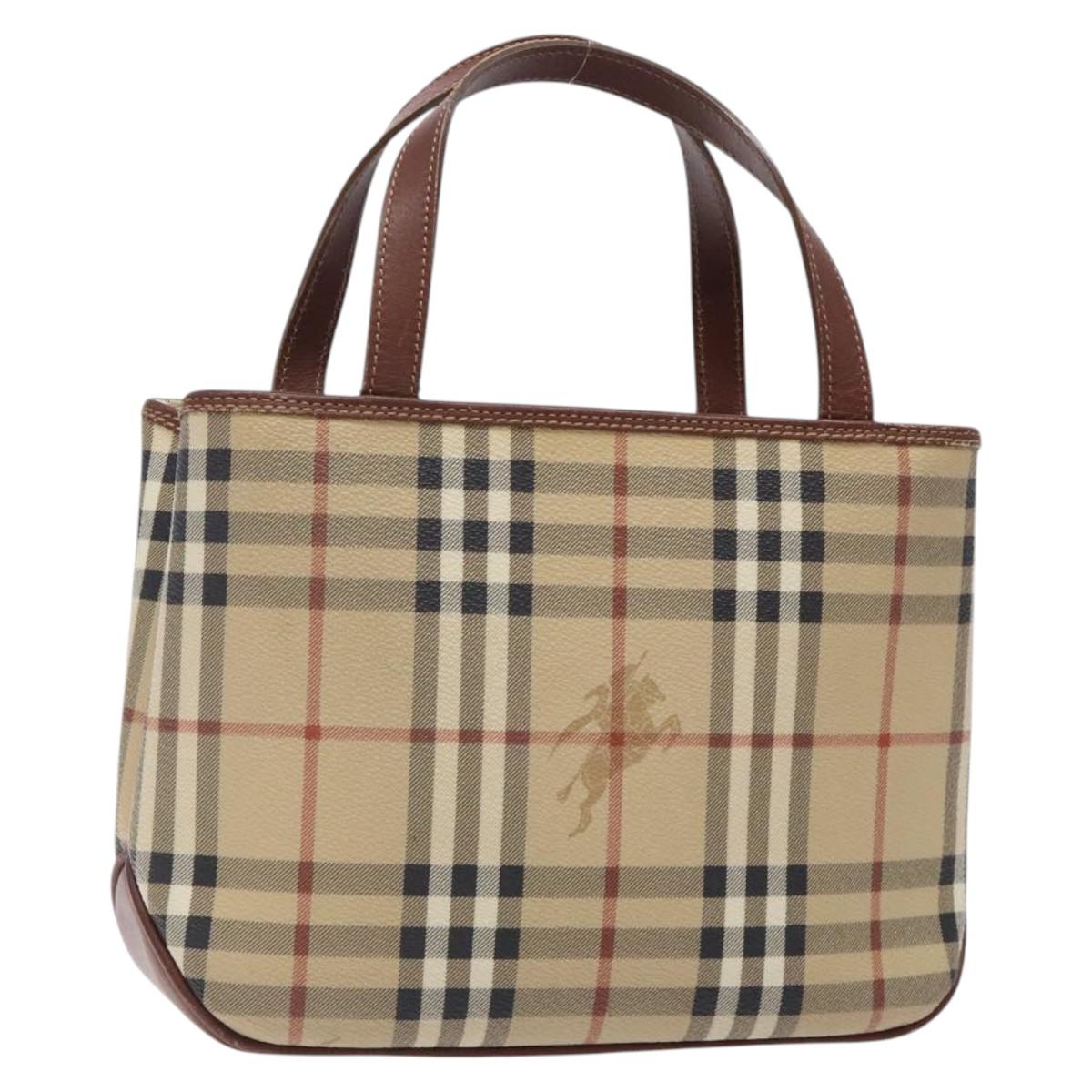 BURBERRY Nova Check Hand Bag PVC Beige Gold Auth 132262