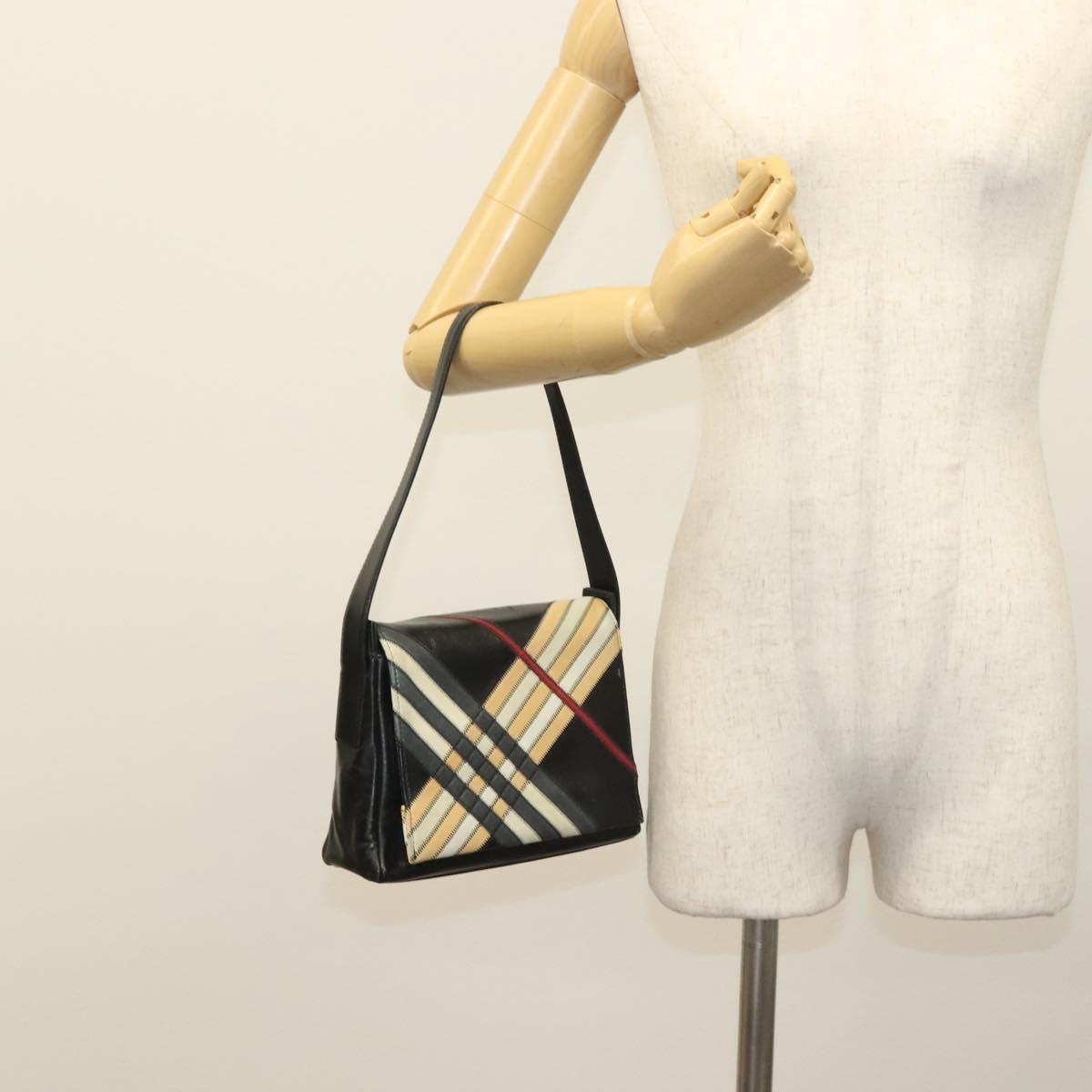 BURBERRY Nova Check Shoulder Bag Leather Black Gold Auth 132286