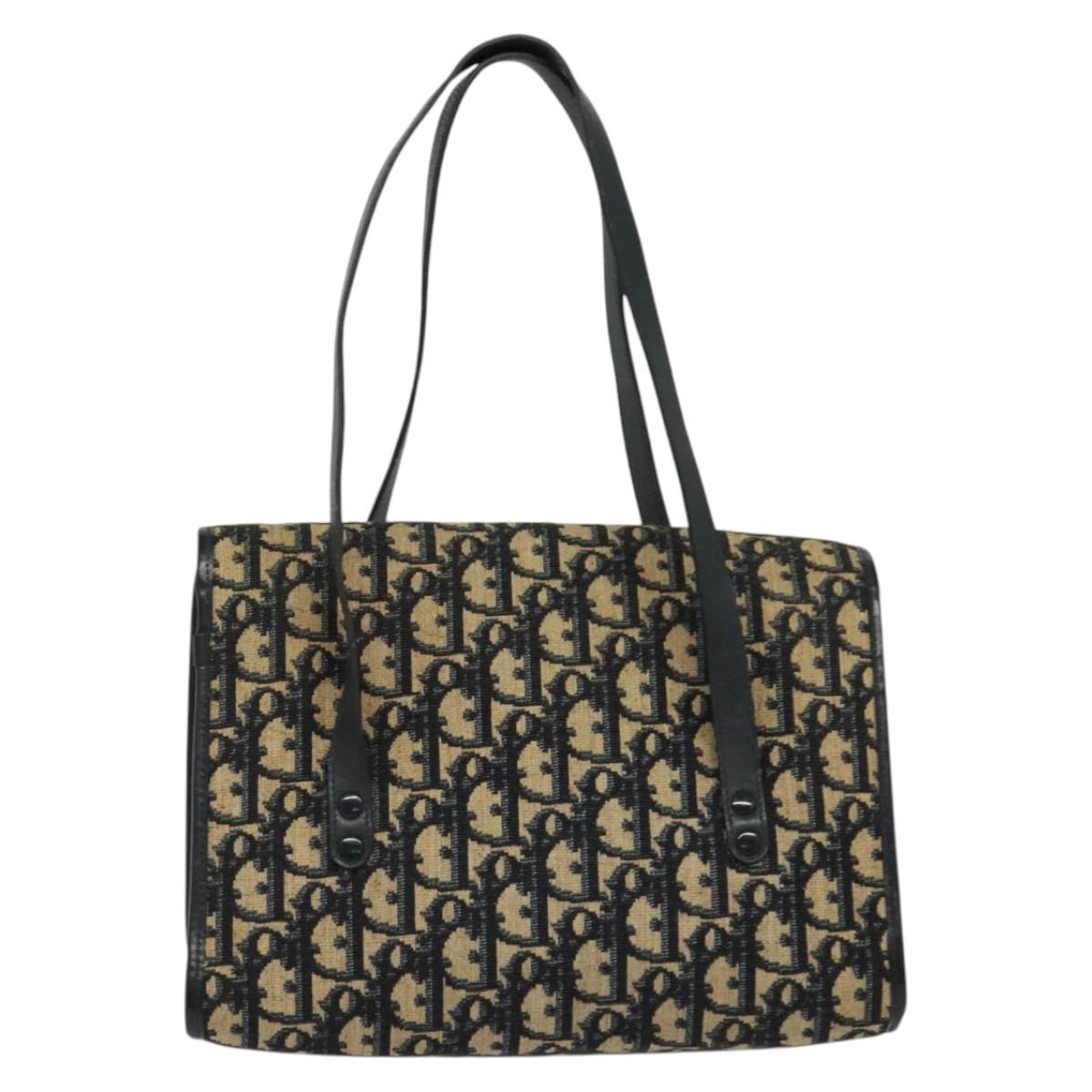 Christian Dior Trotter Canvas Hand Bag Navy Gold Auth 132402