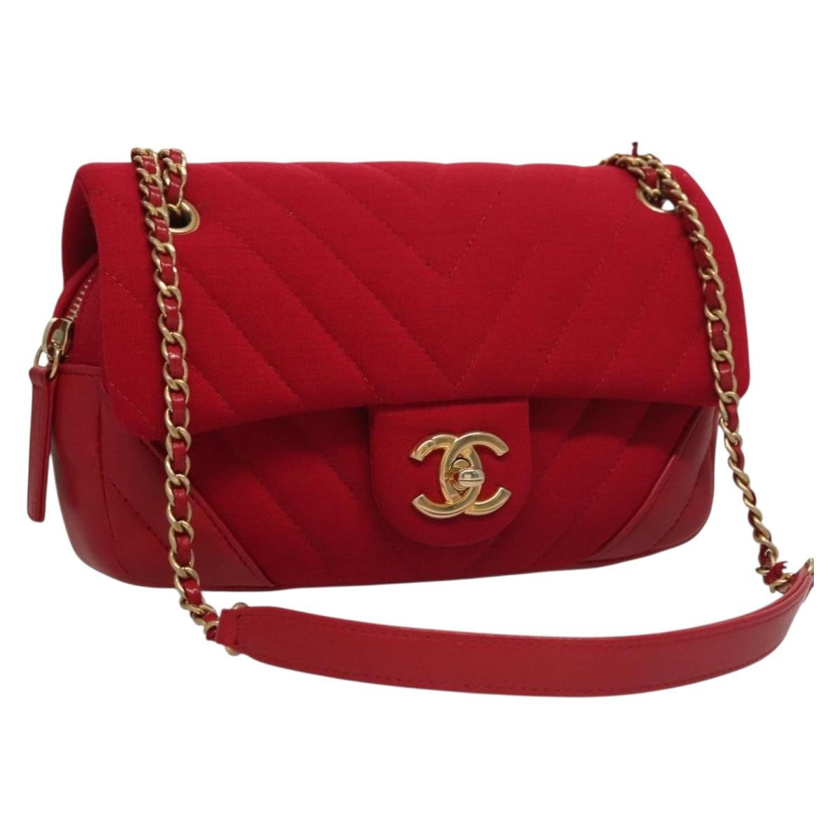 CHANEL Chain V Stitch Shoulder Bag Cotton Red Gold CC Auth 132418M