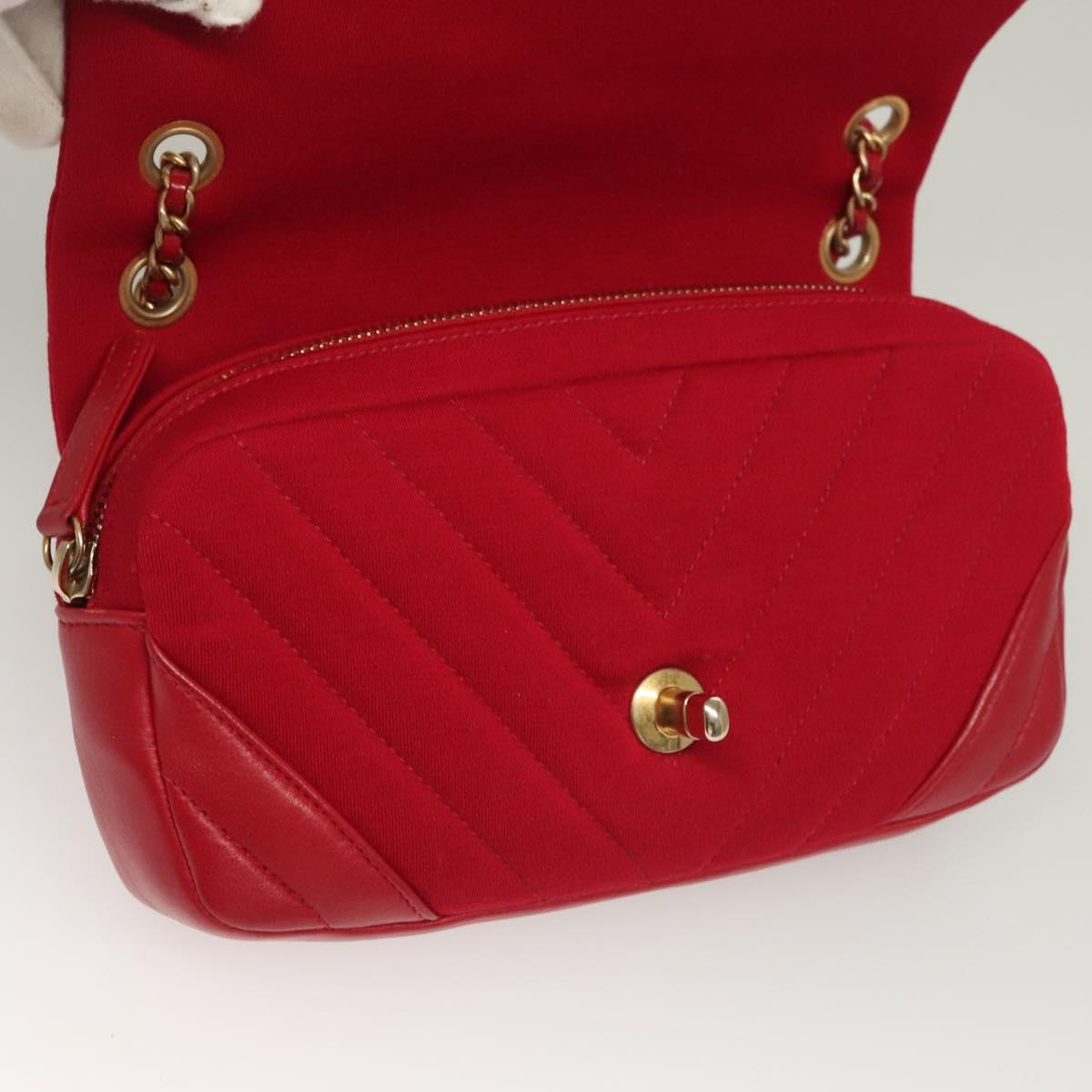 CHANEL Chain V Stitch Shoulder Bag Cotton Red Gold CC Auth 132418M