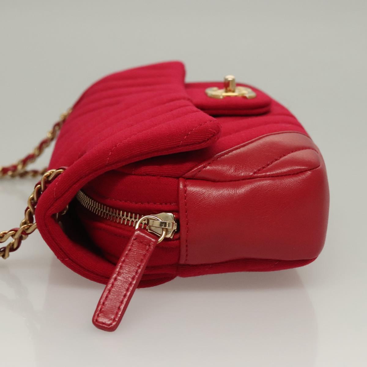 CHANEL Chain V Stitch Shoulder Bag Cotton Red Gold CC Auth 132418M