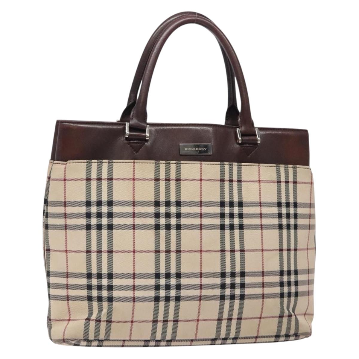 BURBERRY Nova Check Hand Bag Canvas Beige Silver Auth 132453