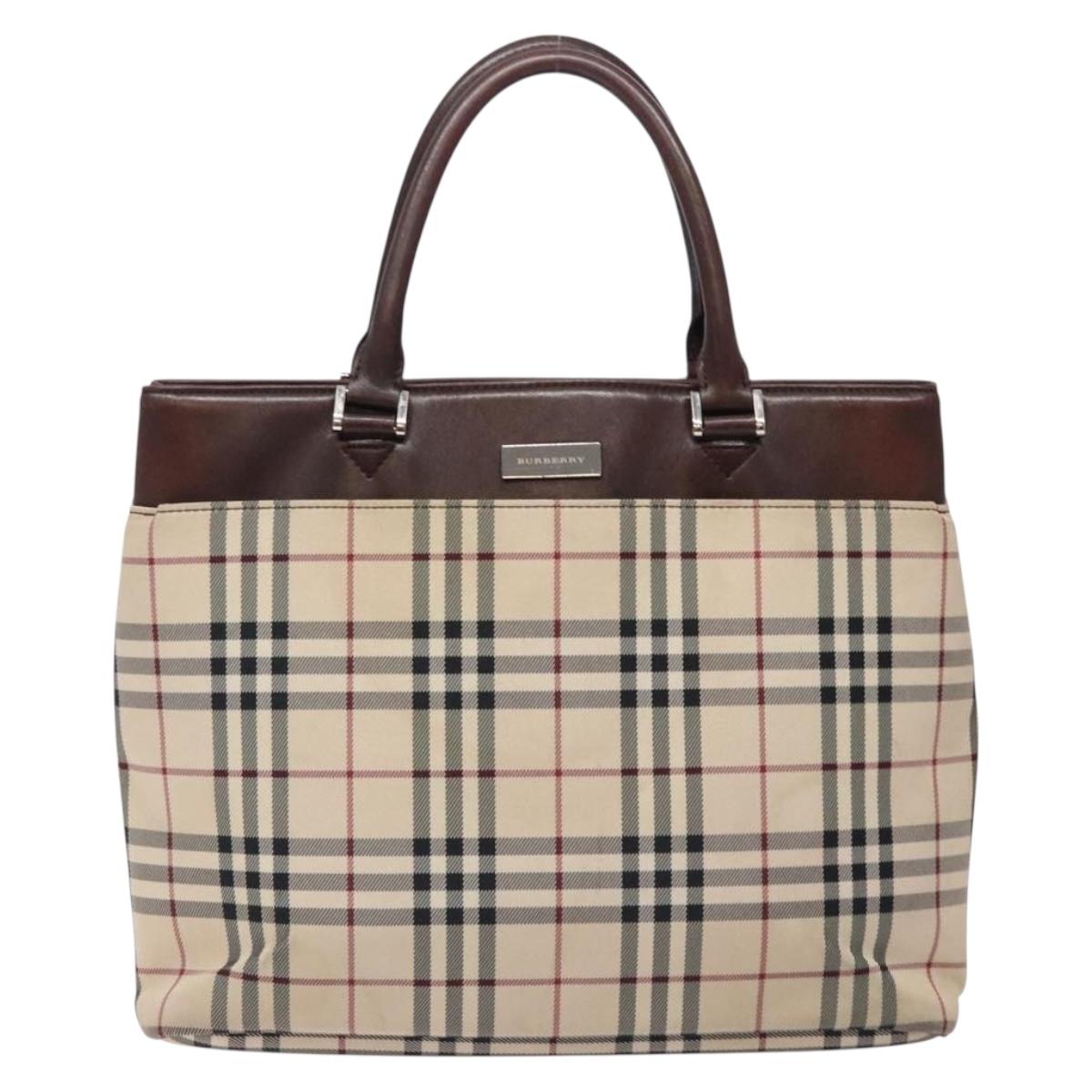 BURBERRY Nova Check Hand Bag Canvas Beige Silver Auth 132453