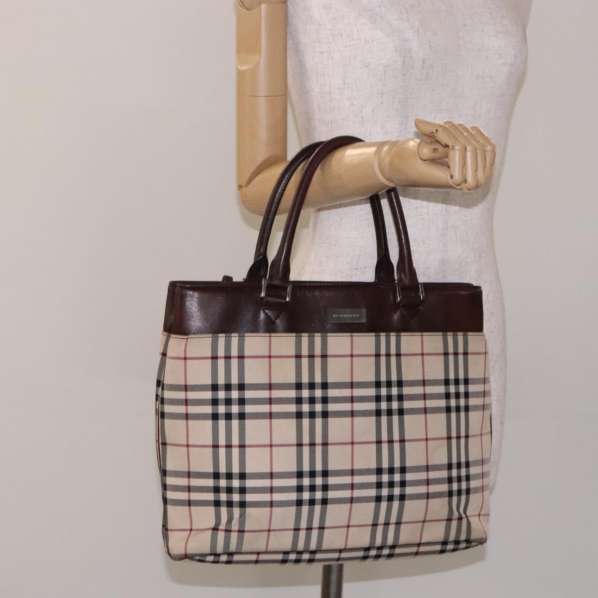 BURBERRY Nova Check Hand Bag Canvas Beige Silver Auth 132453