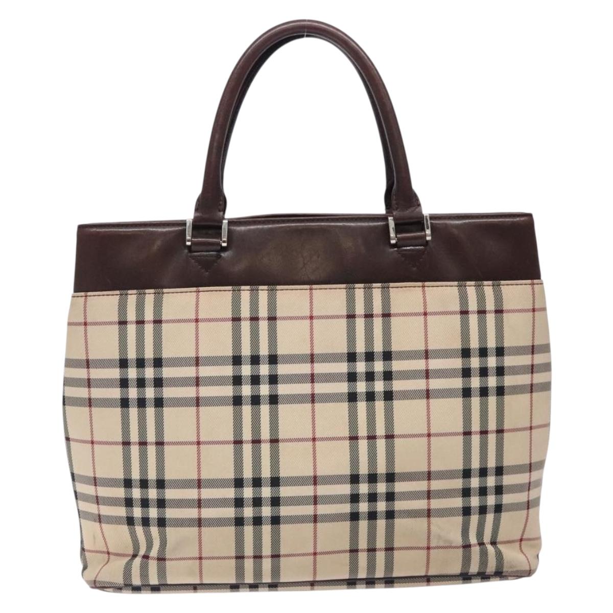 BURBERRY Nova Check Hand Bag Canvas Beige Silver Auth 132453
