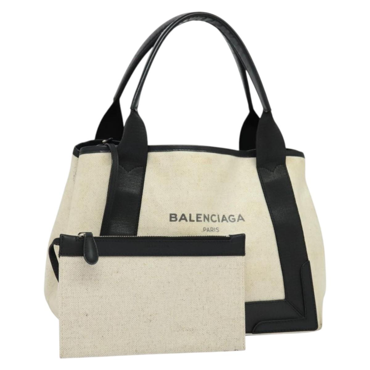 BALENCIAGA Navy Kabas Hand Bag Canvas Ivory Silver Auth 132455