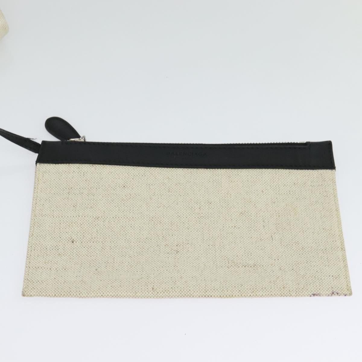 BALENCIAGA Navy Kabas Hand Bag Canvas Ivory Silver Auth 132455