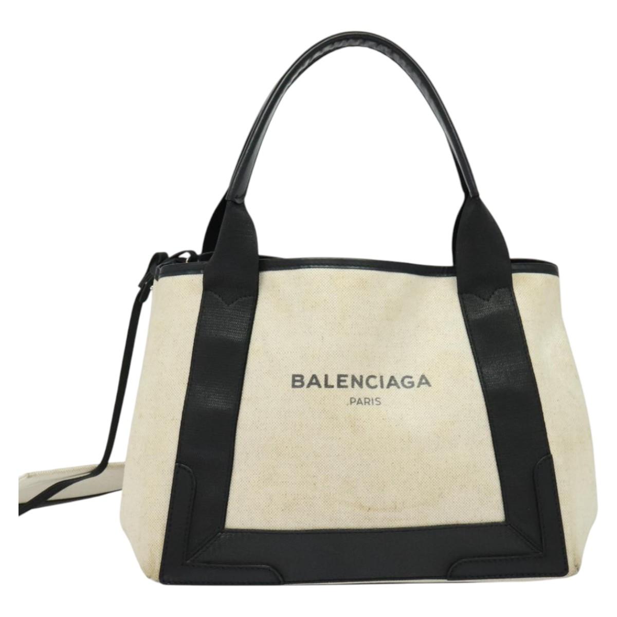 BALENCIAGA Navy Kabas Hand Bag Canvas Ivory Silver Auth 132455