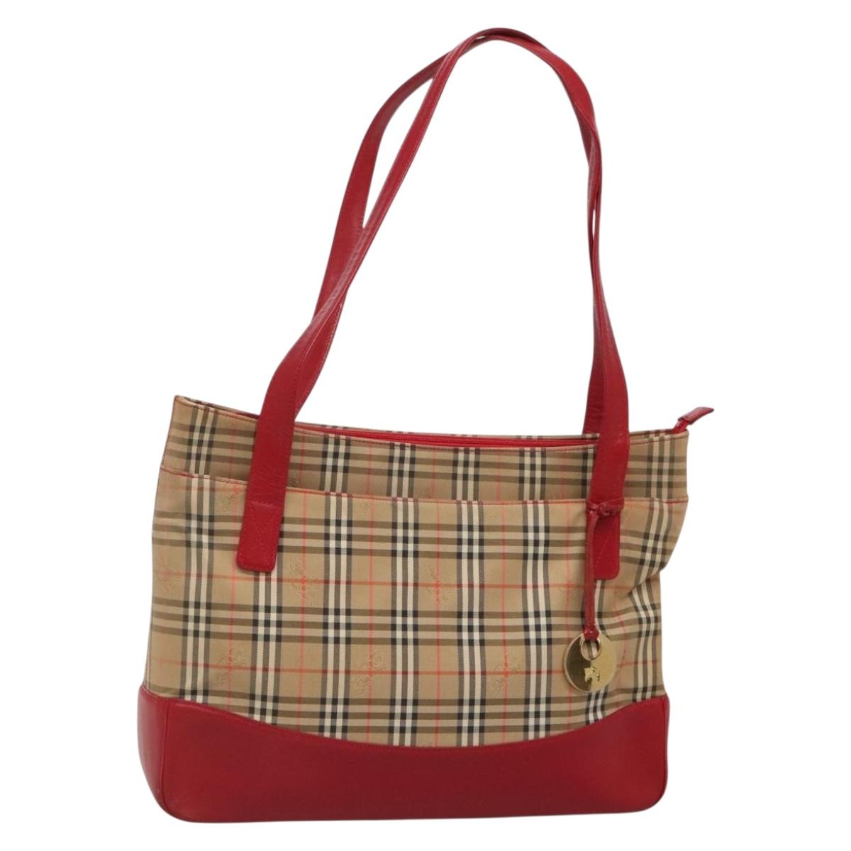 BURBERRY Nova Check Tote Bag Canvas Beige Red gold Auth 132521
