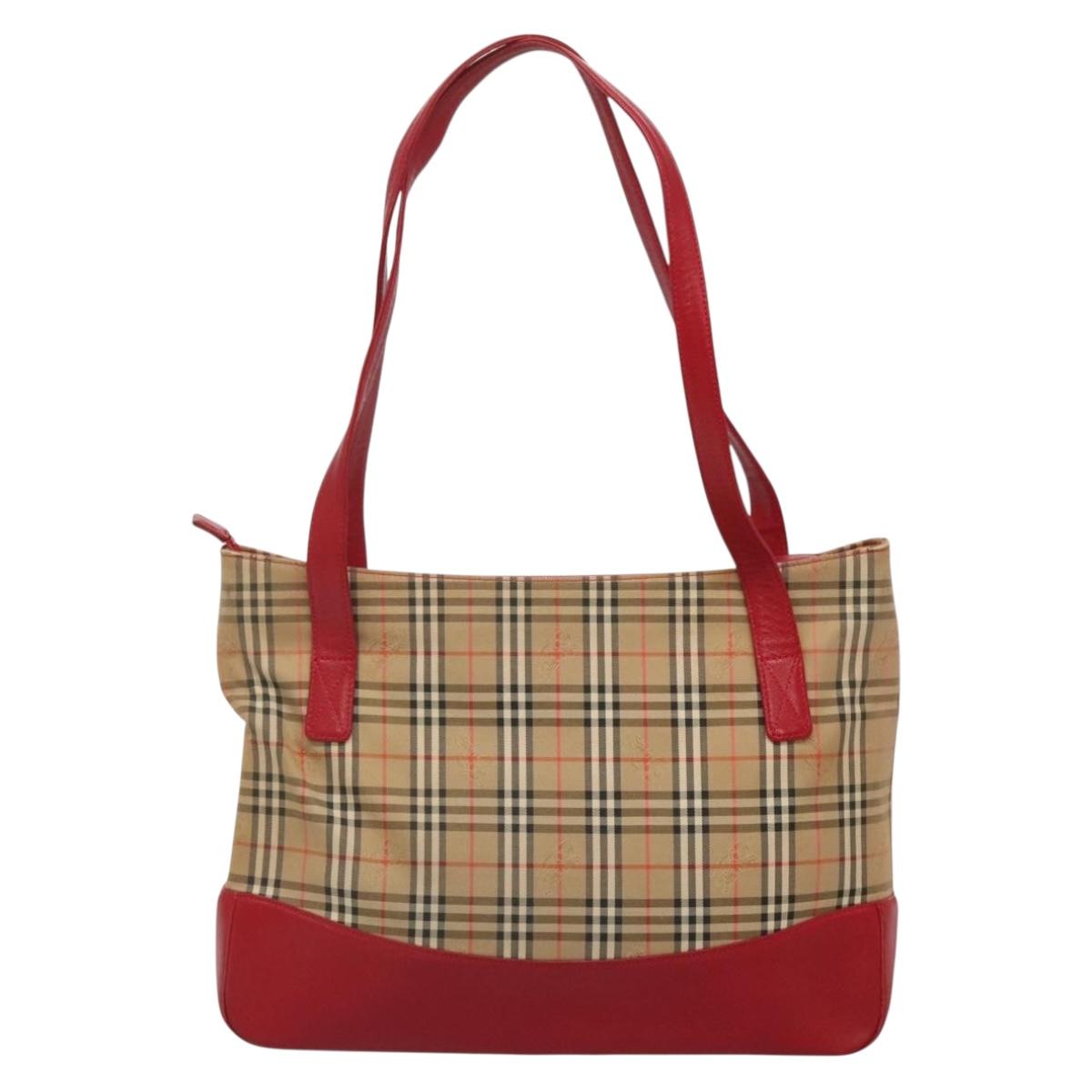 BURBERRY Nova Check Tote Bag Canvas Beige Red gold Auth 132521