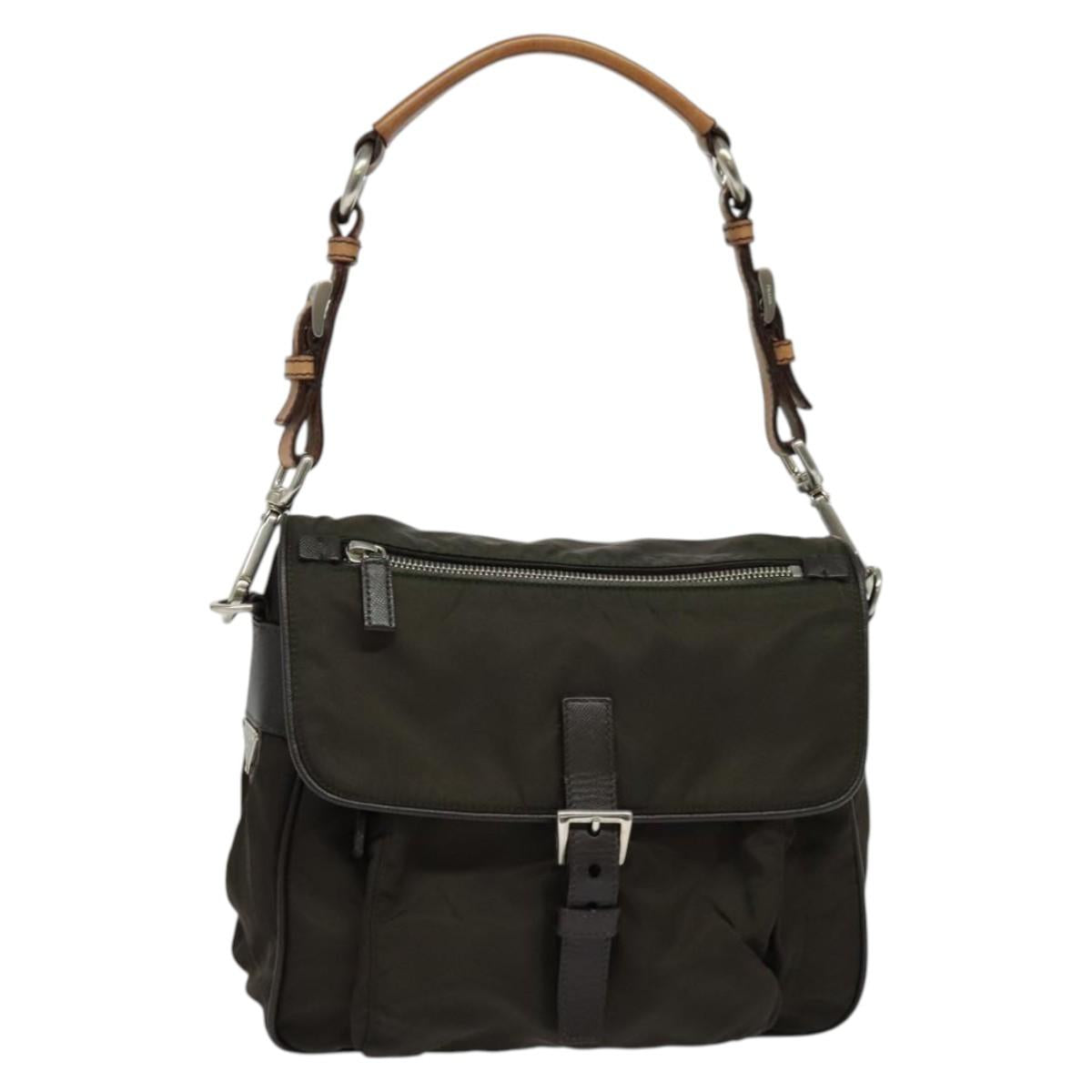 PRADA Shoulder Bag Nylon Khaki Silver Auth 132522
