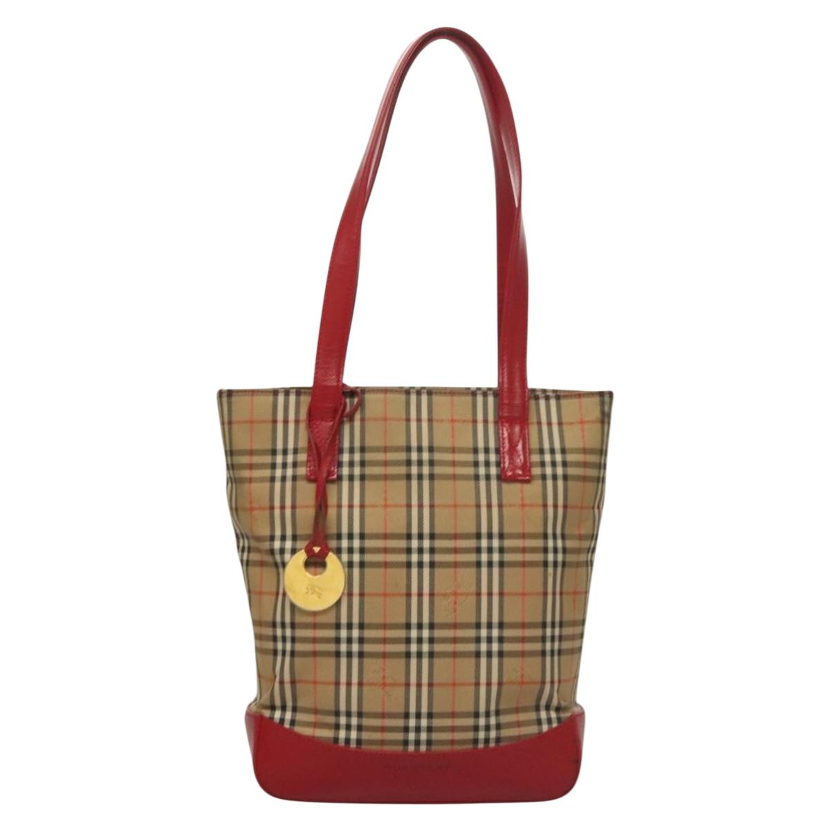 BURBERRY Nova Check Tote Bag Canvas Leather Beige Red gold Auth 132630