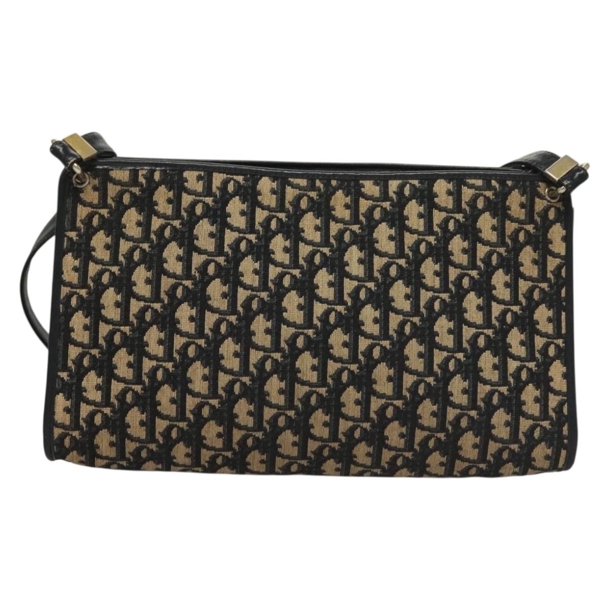 Christian Dior Trotter Canvas Shoulder Bag Navy Gold Auth 132631