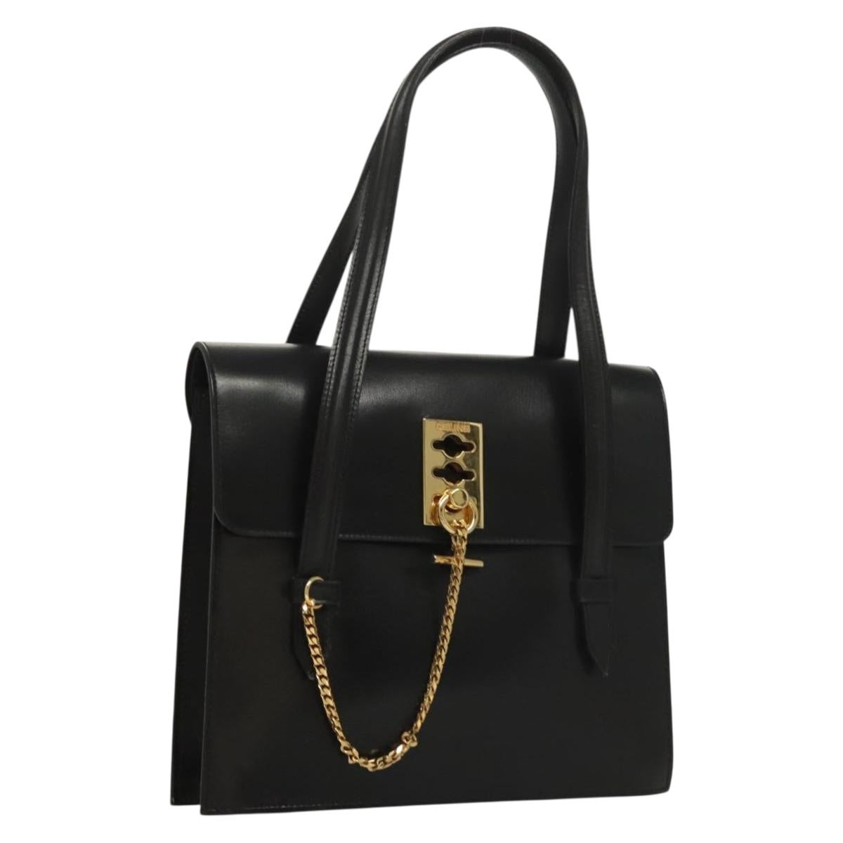 CELINE Hand Bag Leather Black Gold Auth 132690